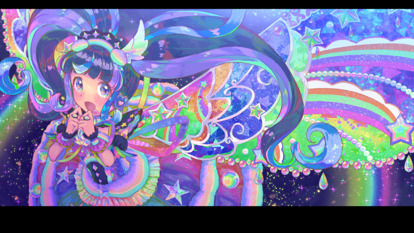 1girl, :o, back_bow, bangs, blue_eyes, blunt_bangs, blush, bow, bracelet, braid, bubble, colorful, crown_braid, curly_hair, diffraction_spikes, dress, fireflies, floating, frilled_bracelet, hairband, headset, heart, highres, idol, jewelry, kuro_daia_(pri_chan), large_wings, letterboxed, long_hair, looking_at_viewer, multicolored_clothes, multicolored_hair, night, own_hands_together, pretty_(series), pripara, puffy_sleeves, purple_hair, ribbon, ring, short_sleeves, sidelocks, sky, solo, sparkle, star_(symbol), tareme, twintails, upper_body, very_long_hair, water_drop, wings, zeroarchive00