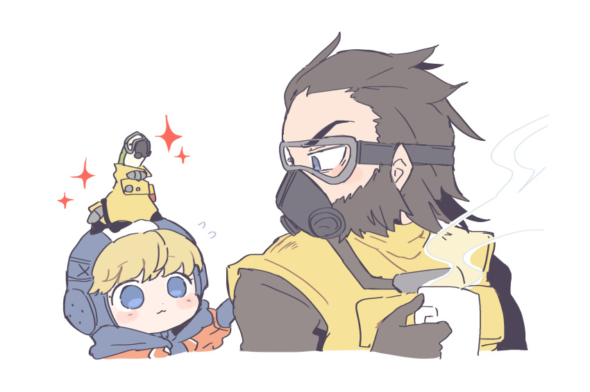 1boy, 1girl, apex_legends, bangs, beard, black_gloves, blonde_hair, blue_eyes