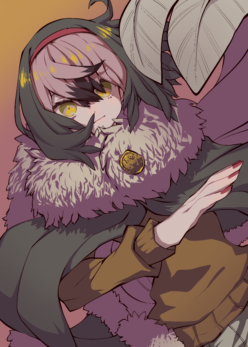 1girl, bird_tail, black_hair, blush, closed_mouth, commentary_request, dodo_(kemono_friends), empty_eyes