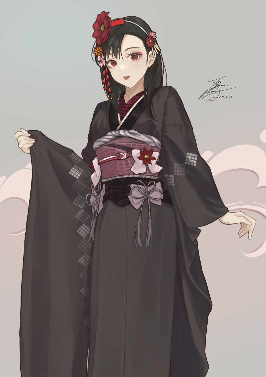 1girl, black_hair, black_kimono, fadingz, feet_out_of_frame, final_fantasy, final_fantasy_vii, flower