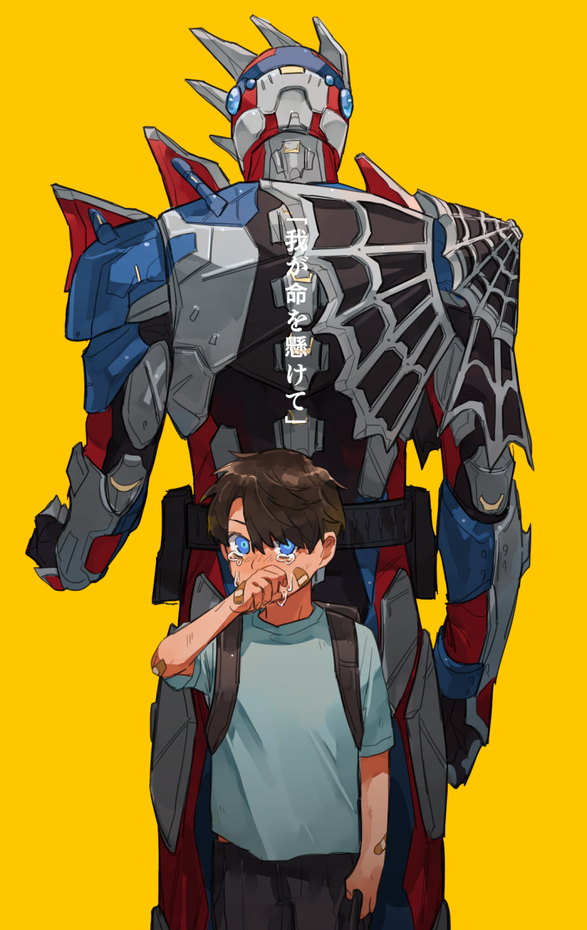 1boy, armor, backpack, bag, bandaid, bandaid_on_arm, bandaid_on_face, bbbb_fex