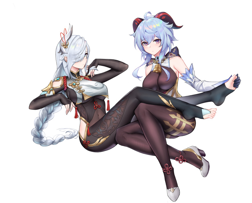 1girl, absurdres, ahoge, armpits, bangs, bare_shoulders, bell, black_gloves, black_legwear, blue_hair, blush, bodystocking, bodysuit, bow, braid, braided_ponytail, breast_curtain, breasts, clothing_cutout, covered_navel, curled_horns, detached_sleeves, eyebrows_visible_through_hair, ganyu_(genshin_impact), genshin_impact, gloves, gold_trim, grabbing_another's_foot, hair_over_one_eye, high_heels, highres, hip_vent, horns, jin_mu_mulin, large_breasts, long_hair, long_sleeves, looking_at_viewer, medium_breasts, neck_bell, partially_fingerless_gloves, puffy_long_sleeves, puffy_sleeves, shenhe_(genshin_impact), shoulder_cutout, side_cutout, sideboob, sidelocks, sitting, stomach_cutout, thigh_cutout, thighlet, violet_eyes, white_background, white_sleeves