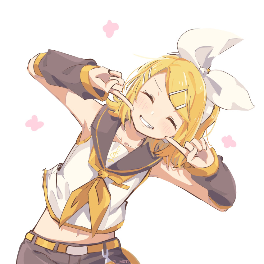 1girl, arm_warmers, bangs, belt, blonde_hair, bow, closed_eyes, collar