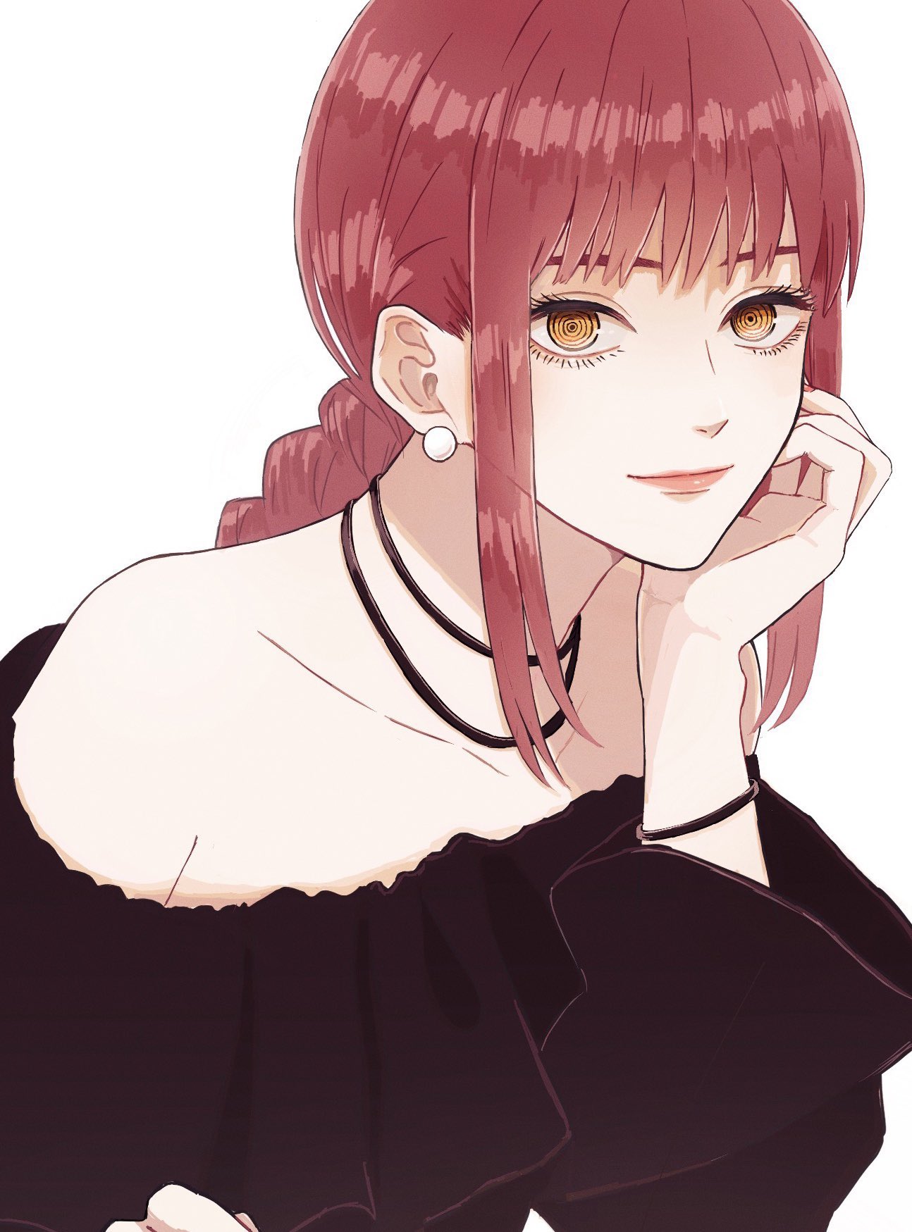 1girl, black_dress, braid, braided_ponytail, chainsaw_man, closed_mouth, commentary, dress