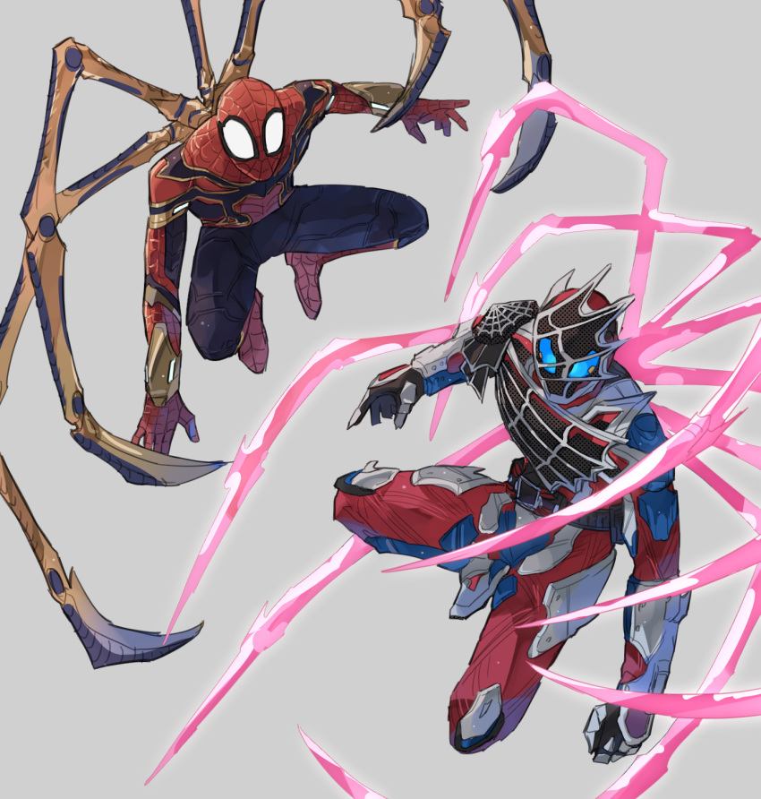2boys, armor, arthropod_legs, asymmetrical_armor, avengers_(series), bbbb_fex, black_armor, black_gloves, blue_armor, blue_eyes, commentary_request, demons_driver, driver, extra_legs, gloves, grey_background, highres, iron_spider_armor, kamen_rider, kamen_rider_demons, kamen_rider_revice, male_focus, marvel, marvel_cinematic_universe, multiple_boys, red_armor, rider_belt, silk, spider-man, spider-man_(series), spider_web, spider_web_print, trait_connection, white_armor, white_eyes