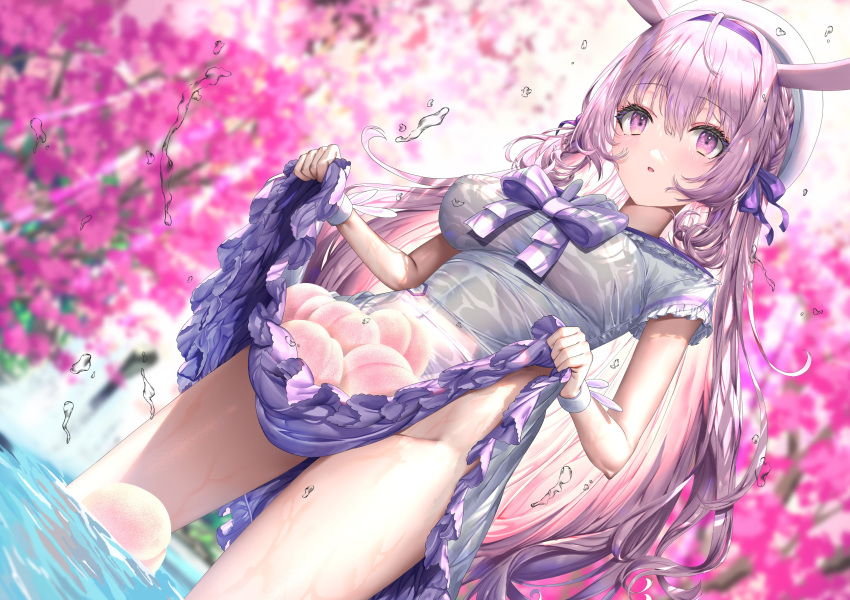1girl, absurdres, animal_ears, bangs, blurry, bow, braid, breasts
