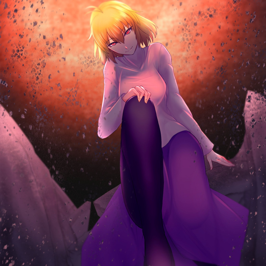 1girl, ahoge, arcueid_brunestud, bangs, black_legwear, blonde_hair, breasts, dark_persona