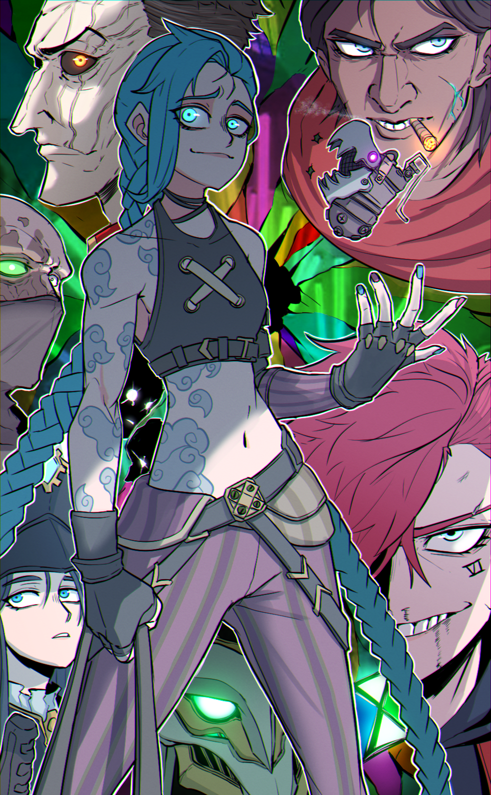 3boys, 4girls, arcane:_league_of_legends, arcane_jinx, arcane_vi, arm_tattoo, asymmetrical_bangs, bangs