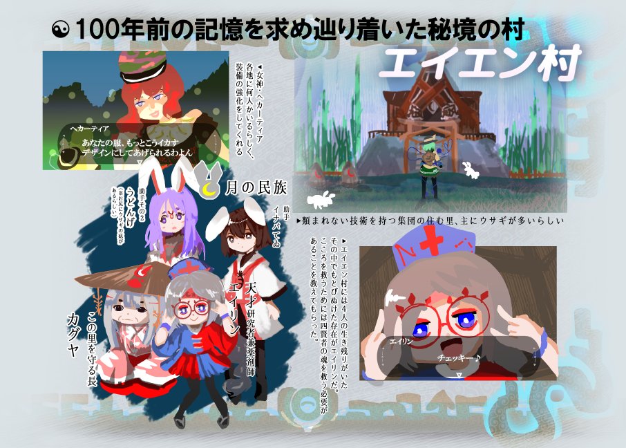 6+girls, blue_eyes, character_request, cosplay, fake_screenshot, hecatia_lapislazuli, houraisan_kaguya, impa, impa_(cosplay), inaba_tewi, komeiji_koishi, komeo, multiple_girls, parody, paya_(zelda), paya_(zelda)_(cosplay), purah, purah_(cosplay), reisen_udongein_inaba, shirt, sketch, skirt, the_legend_of_zelda, the_legend_of_zelda:_breath_of_the_wild, third_eye, touhou, translation_request, violet_eyes, yagokoro_eirin, yin_yang