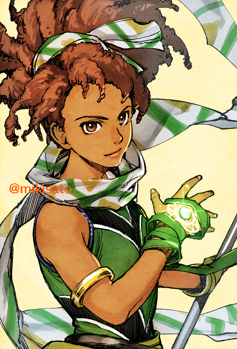 1girl, armlet, breasts, brown_eyes, brown_hair, closed_mouth, dark-skinned_female, dark_skin