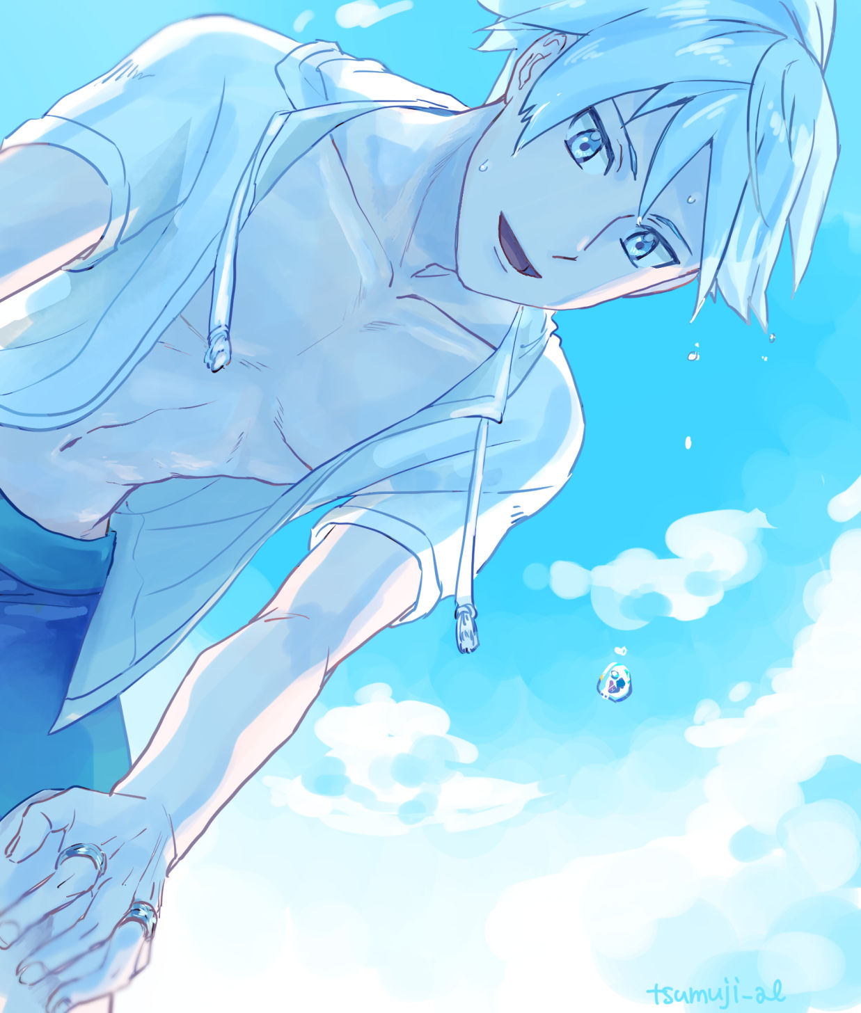 1boy, :d, aihysa, alternate_costume, bangs, blue_eyes, blue_hair, clouds, collarbone, commentary_request, day, from_below, highres, jewelry, looking_down, male_focus, male_swimwear, open_clothes, open_mouth, open_shirt, outdoors, pokemon, pokemon_(game), pokemon_rse, ring, shirt, short_hair, short_sleeves, sky, smile, solo, steven_stone, swim_trunks, tongue, white_shirt