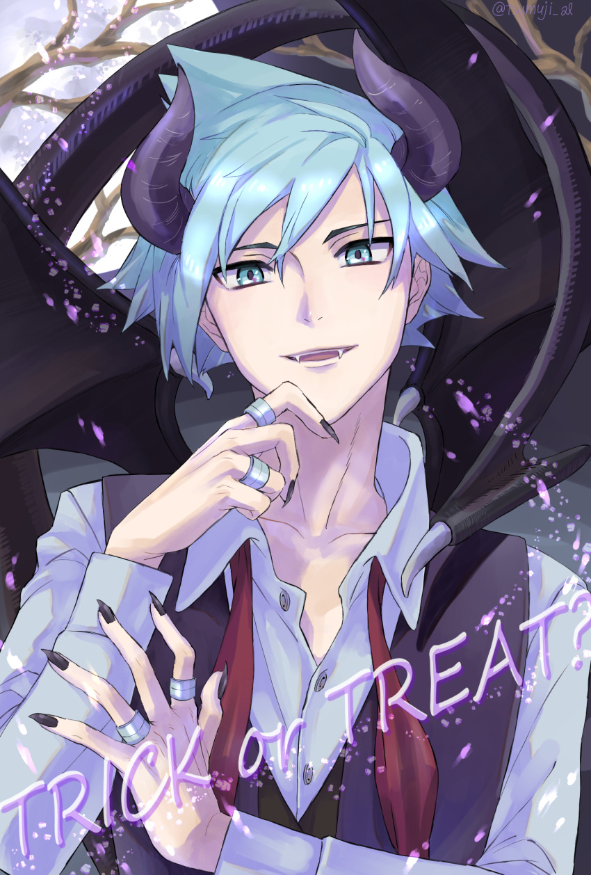 1boy, aihysa, aqua_hair, black_nails, buttons, collared_shirt, commentary_request, fangs
