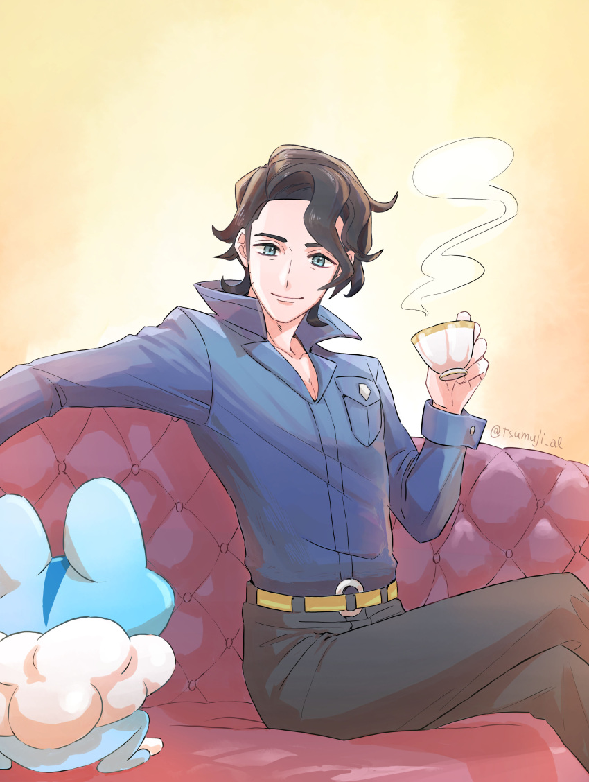 1boy, absurdres, aihysa, augustine_sycamore, blue_shirt, brown_hair, closed_mouth, collared_shirt