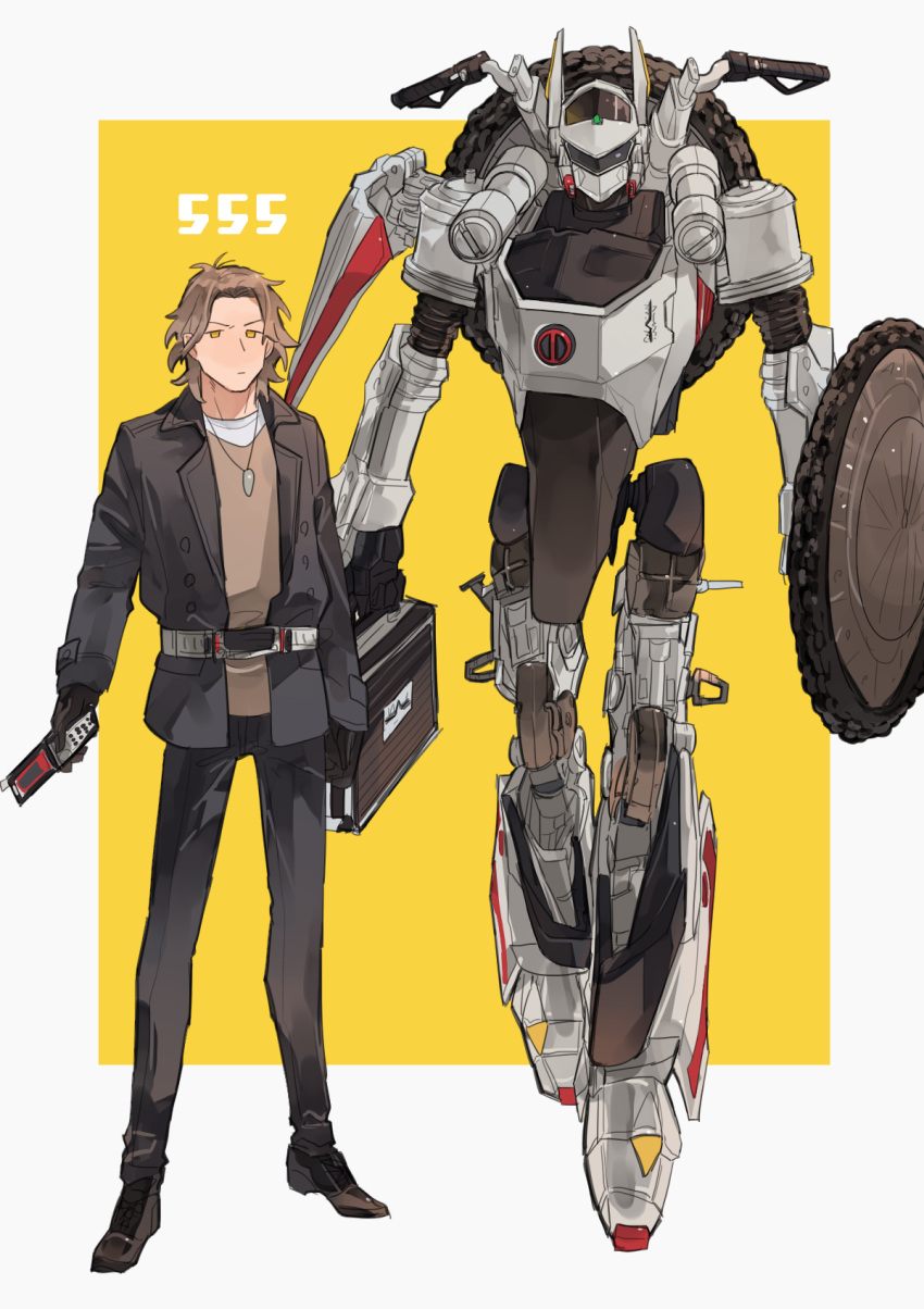 1boy, autovajin, bbbb_fex, black_footwear, black_gloves, black_jacket, black_pants, briefcase, brown_hair, brown_shirt, cellphone, driver, faiz_driver, flip_phone, full_body, gloves, ground_vehicle, highres, inui_takumi, inui_tatsumi, jacket, kamen_rider, kamen_rider_555, logo, male_focus, mecha, medium_hair, motor_vehicle, motorcycle, outside_border, pants, phone, rider_belt, shield, shirt, shoes, yellow_background, yellow_eyes