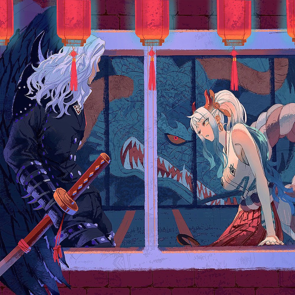 dragon, earrings, holding, holding_weapon, horns, japanese_clothes, jewelry, kaidou_(one_piece), king_(one_piece), lantern, lfgvhy4t93aqvxm, military, military_uniform, one_piece, ponytail, sheath, sheathed, sleeveless, uniform, weapon, white_hair, yamato_(one_piece)