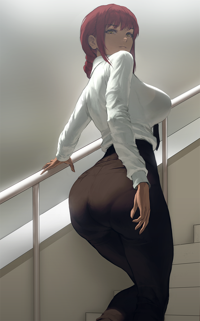 1girl, ass, bangs, black_necktie, black_pants, bra_visible_through_clothes, braid, breasts