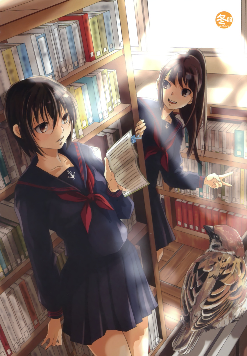 2girls, bird, book, book_shelf, fujimori_yuyukan, joshikou_seifuku_hyakka, open_book, seifuku