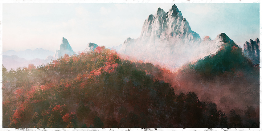 absurdres, autumn_leaves, border, clouds, day, fog, forest, highres