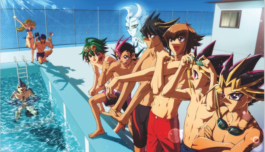 1girl, 6+boys, ahoge, alternate_costume, astral_(yu-gi-oh!), astral_(yuu-gi-ou_zexal), black_hair, black_male_swimwear