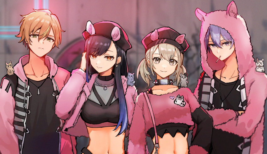 animal_hat, animal_hood, aoyagi_touya, azusawa_kohane, black_hair, blonde_hair, blue_hair, choker