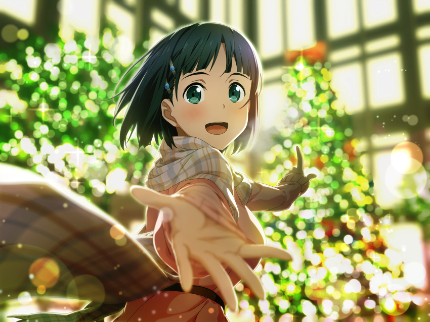 1girl, artist_request, black_eyes, black_hair, christmas, christmas_lights, christmas_tree, coat