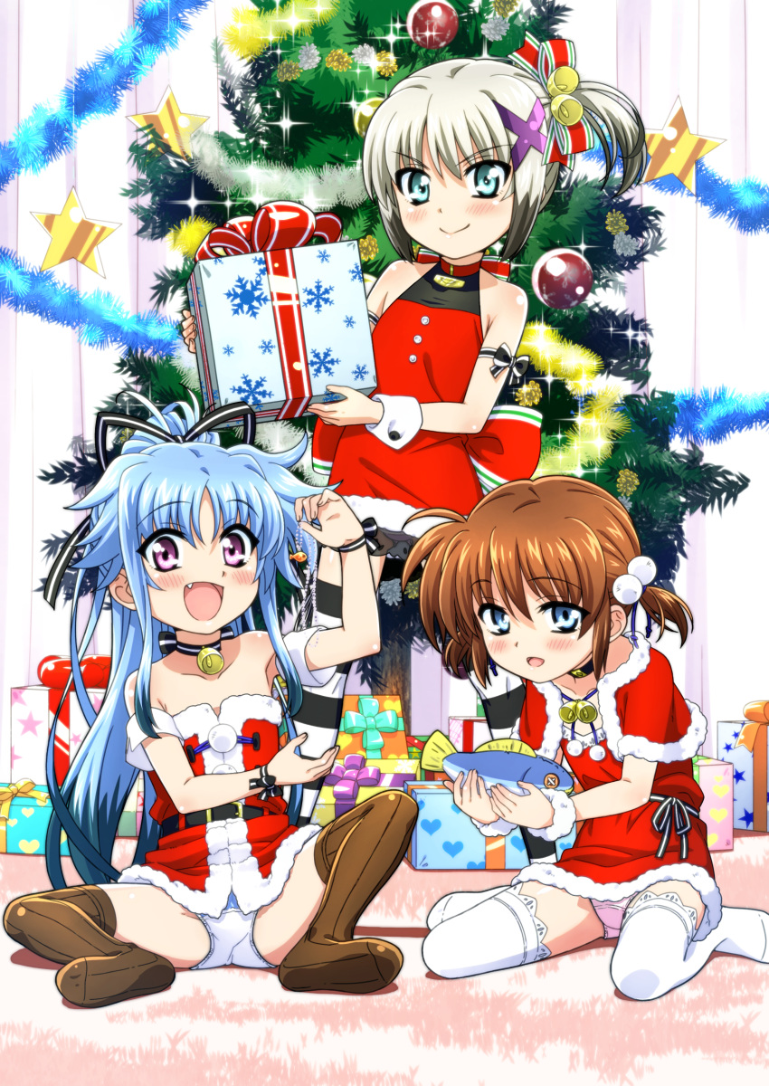 3girls, :d, absurdres, alternate_hairstyle, aqua_eyes, arm_ribbon, armband, back_bow
