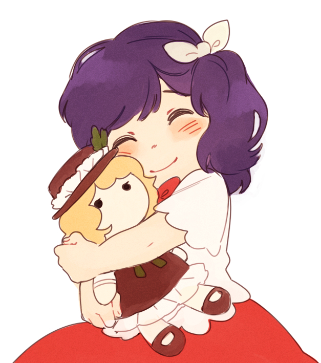 2girls, blonde_hair, blush, brown_dress, brown_footwear, brown_headwear, closed_eyes, dress