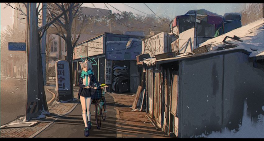 1girl, animal_ear_fluff, animal_ears, bangs, bicycle, black_jacket, black_skirt, blue_archive