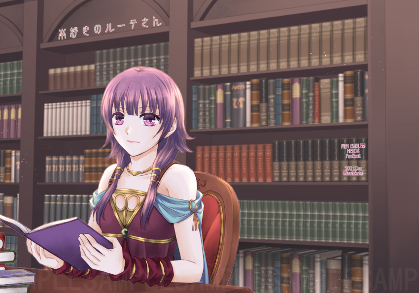 1girl, arm_warmers, bare_shoulders, book, book_stack, bookshelf, cape, cheryi