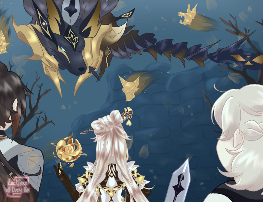 1girl, 2boys, albedo_(genshin_impact), arm_up, artist_logo, black_gloves, braid, claws, elbow_gloves, facing_away, floating, floating_object, french_braid, from_behind, fur_trim, genshin_impact, gloves, gradient_hair, hair_ornament, hair_stick, half_updo, highres, holding, holding_sword, holding_weapon, long_hair, low_ponytail, lucklessluci, multicolored_hair, multiple_boys, ningguang_(genshin_impact), rifthound_(genshin_impact), sidelocks, suit_jacket, sword, teeth, two-tone_hair, upper_teeth, weapon, white_hair, zhongli_(genshin_impact)