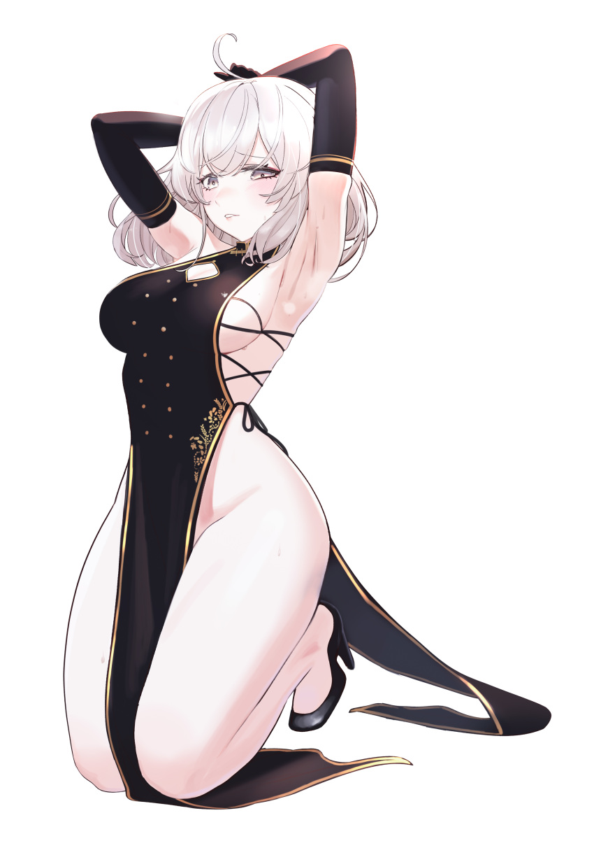 1girl, absurdres, ahoge, armpits, arms_behind_head, arms_up, bare_legs, black_gloves