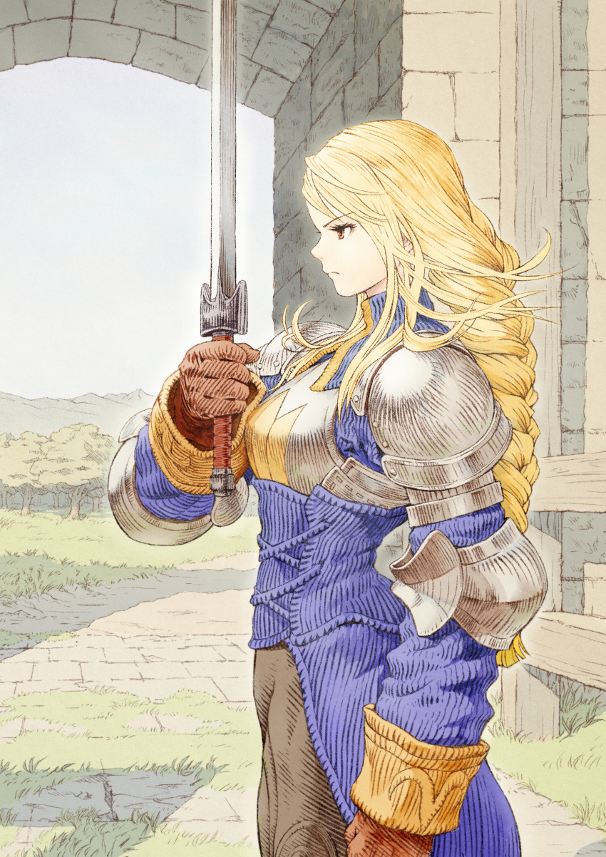 1girl, absurdres, agrias_oaks, armor, blonde_hair, braid, brown_gloves, brown_pants