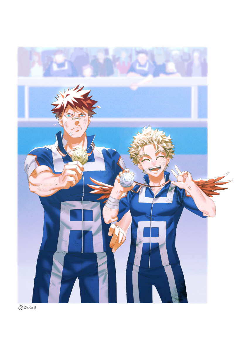 alternate_universe, bandaid, blonde_hair, blue_eyes, boku_no_hero_academia, closed_eyes, endeavor_(boku_no_hero_academia), feathered_wings