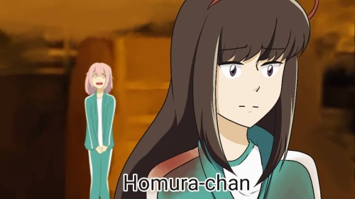 akemi_homura, erbezdiez, hime_cut, jumpsuit, kaname_madoka, lowres, mahou_shoujo_madoka_magica, open_mouth, parody, smile, squid_game, subtitled, tense