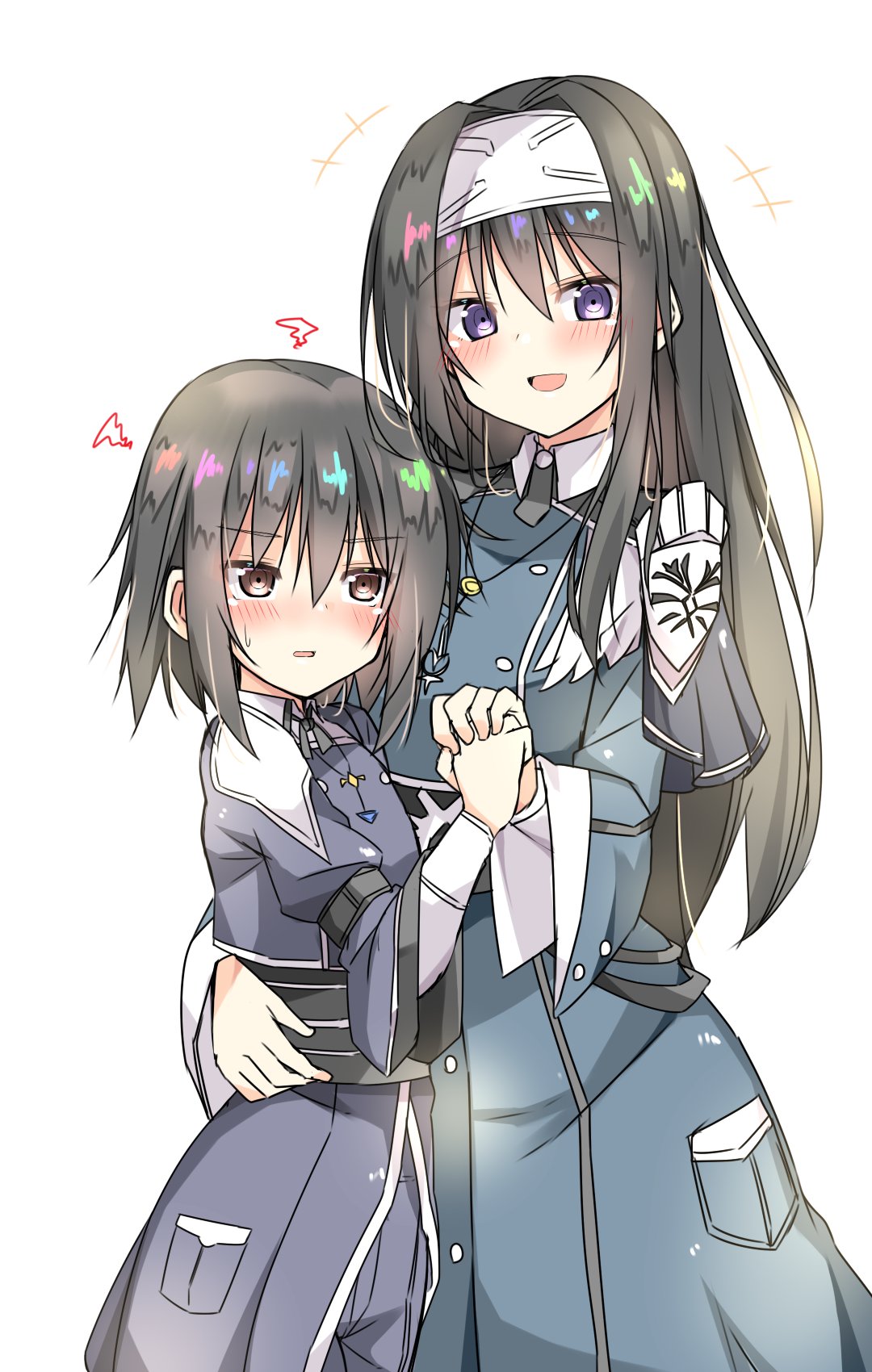 2girls, blush, duel_monster, exorsister_elaine, exorsister_sophia, hat, holding, holding_hands, hug, kinokohaman, long_hair, medium_hair, yu-gi-oh!, yuri, yuu-gi-ou