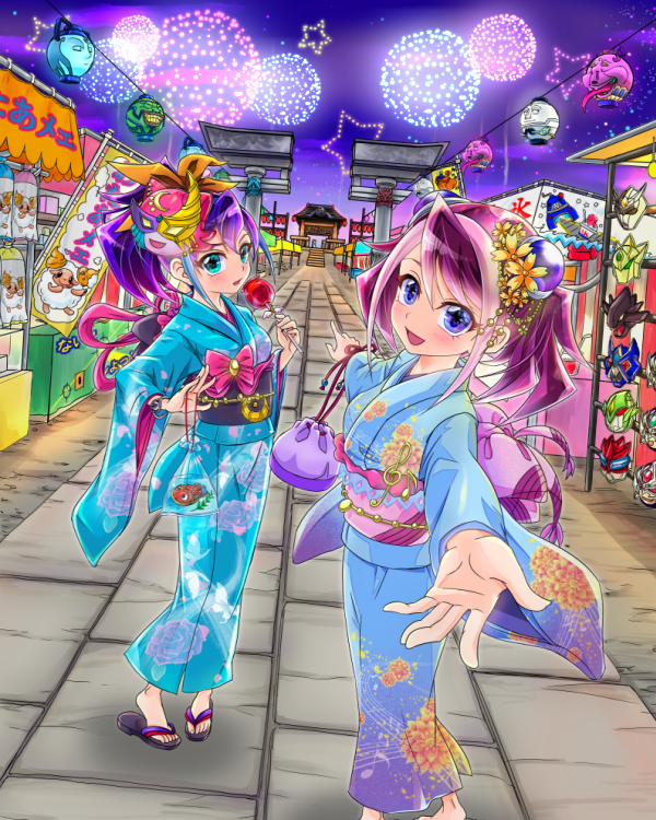 2girls, blue_eyes, blue_hair, chomose, green_eyes, high_ponytail, hiiragi_yuzu, kimono