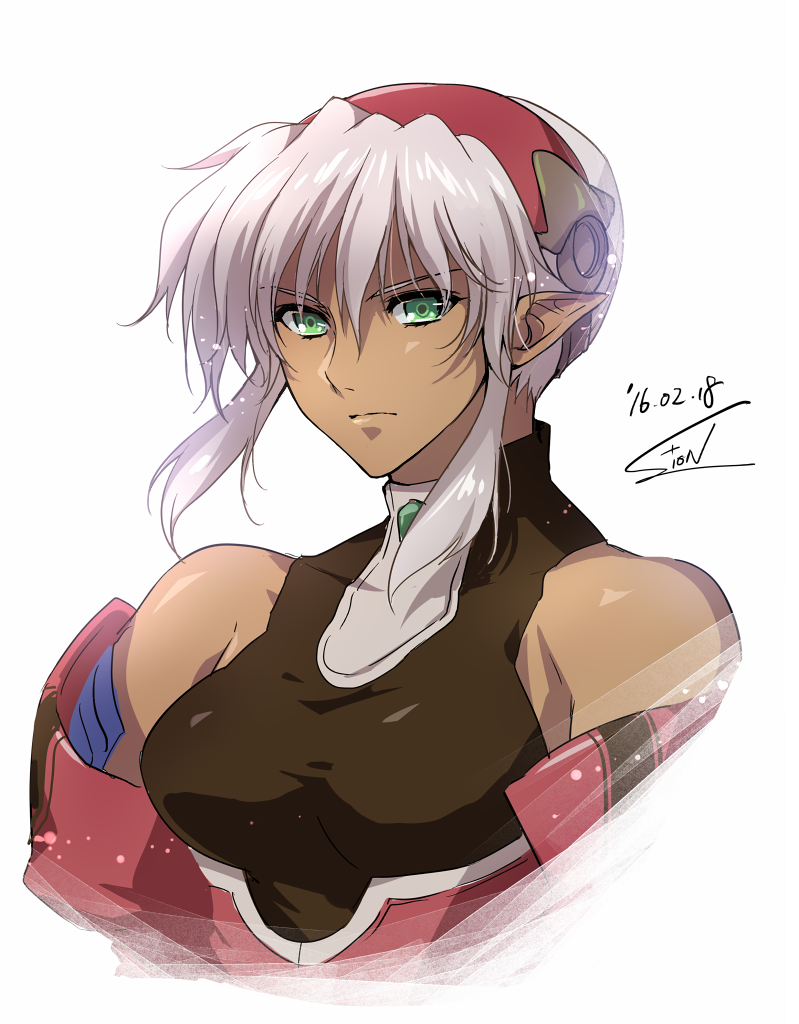 1girl, breasts, closed_mouth, dominia_yizkor, green_eyes, hairband, looking_at_viewer, pointy_ears
