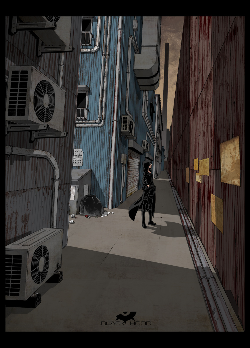1girl, absurdres, air_conditioner, belt, black_belt, black_footwear, black_hair, black_jacket, black_pants, boots, breast_pocket, breasts, can, closed_mouth, corrugated_galvanised_iron_sheet, dumpster, hand_in_pocket, highres, hood, hood_up, hooded_jacket, iwado_anna, jacket, kamezaemon, multicolored_hair, original, pants, pocket, poster_(object), pouch, scenery, soda_can, solo, standing, trash_bag, two-tone_hair, white_hair