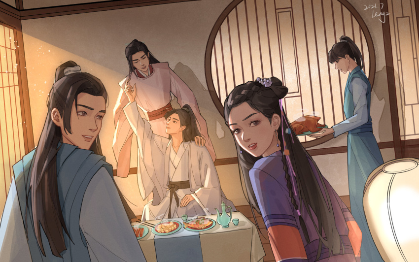 1girl, 4boys, artist_name, black_hair, braid, brown_eyes, chicken_(food), chinese_clothes, chopsticks, cup, earrings, fish_(food), flower, food, hair_flower, hair_ornament, hand_on_another's_shoulder, highres, indoors, jewelry, lenyz, lipstick, long_sleeves, looking_back, makeup, multiple_boys, plate, shadow, sitting, teacup, yamakawa_ordinance