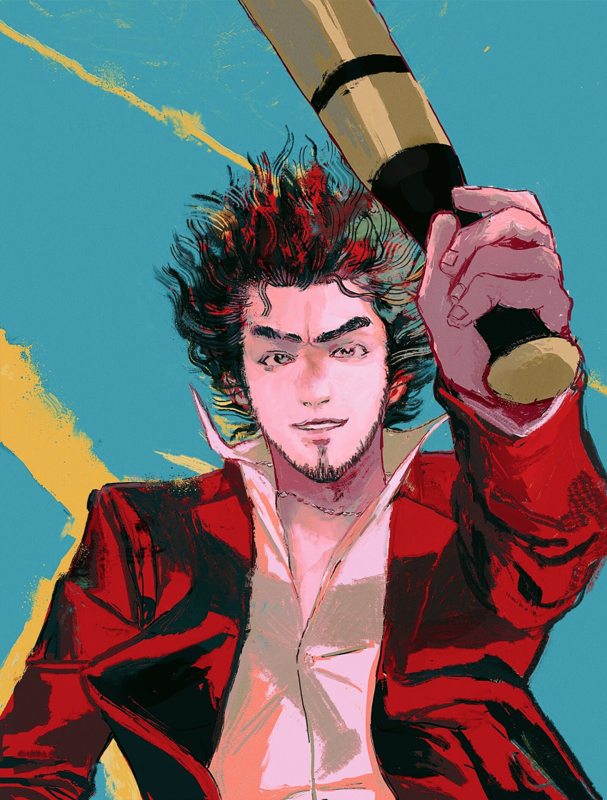 afro, aqua_background, arm_up, bat, facial_hair, hero's_bat, highres, holding, holding_weapon, jacket, kasuga_ichiban, male_focus, metal_baseball_bat, red_jacket, ryuu_ga_gotoku, ryuu_ga_gotoku_7, sapgoon, shirt, smile, upper_body, wavy_hair, weapon, white_shirt, yakuza