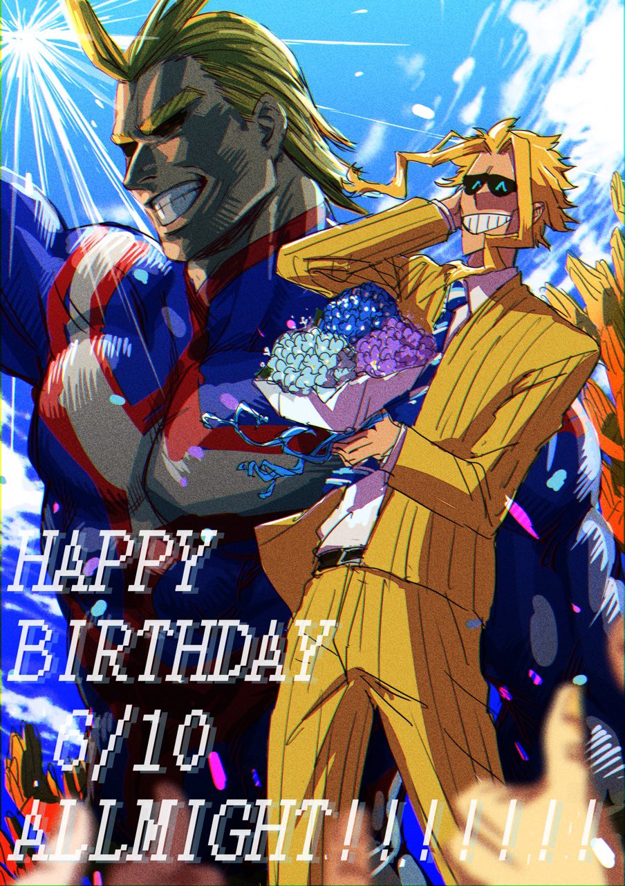 all_might, alternate_form, black_sclera, blonde_hair, blue_eyes, blue_sky, boku_no_hero_academia, bouquet, cheering, colored_sclera, grin, happy_birthday, highres, light_rays, male_focus, mature_male, muscular, muscular_male, necktie, osutoraria_(1ndi_g0), pectorals, projected_inset, skin_tight, skinny, sky, smile, solo_focus, striped, striped_necktie, sunbeam, sunlight, superhero, thumbs_up, yellow_suit