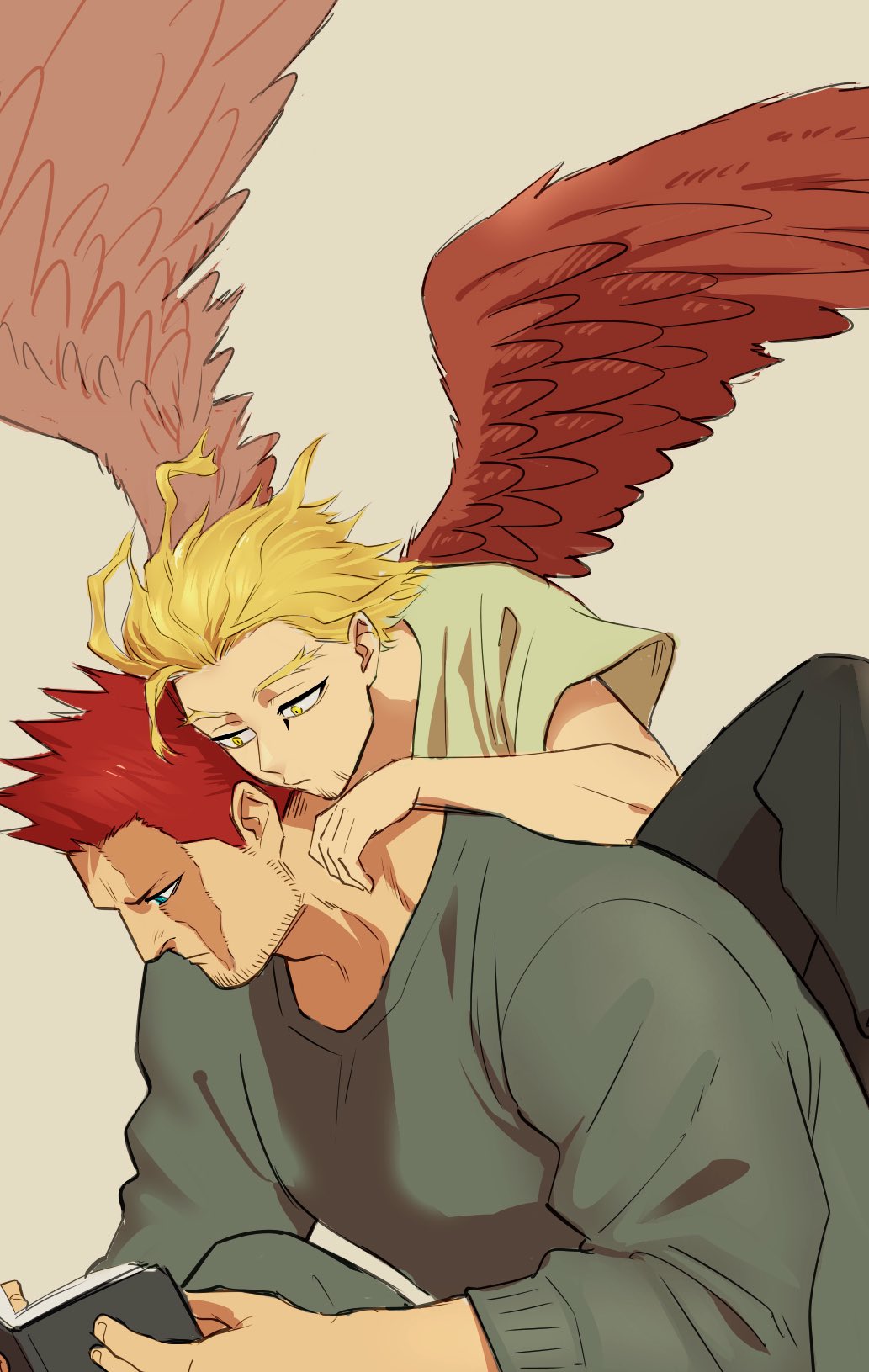 2boys, beard, blonde_hair, blue_eyes, boku_no_hero_academia, book, burn_scar, close-up, endeavor_(boku_no_hero_academia), facial_hair, feathered_wings, goatee, hawks_(boku_no_hero_academia), highres, holding, holding_book, holding_person, knee_up, leaning_forward, leaning_on_person, male_focus, multiple_boys, osutoraria_(1ndi_g0), pants, reading, red_feathers, redhead, scar, scar_across_eye, scar_on_face, simple_background, size_difference, sweatpants, sweatshirt, wings, yellow_eyes