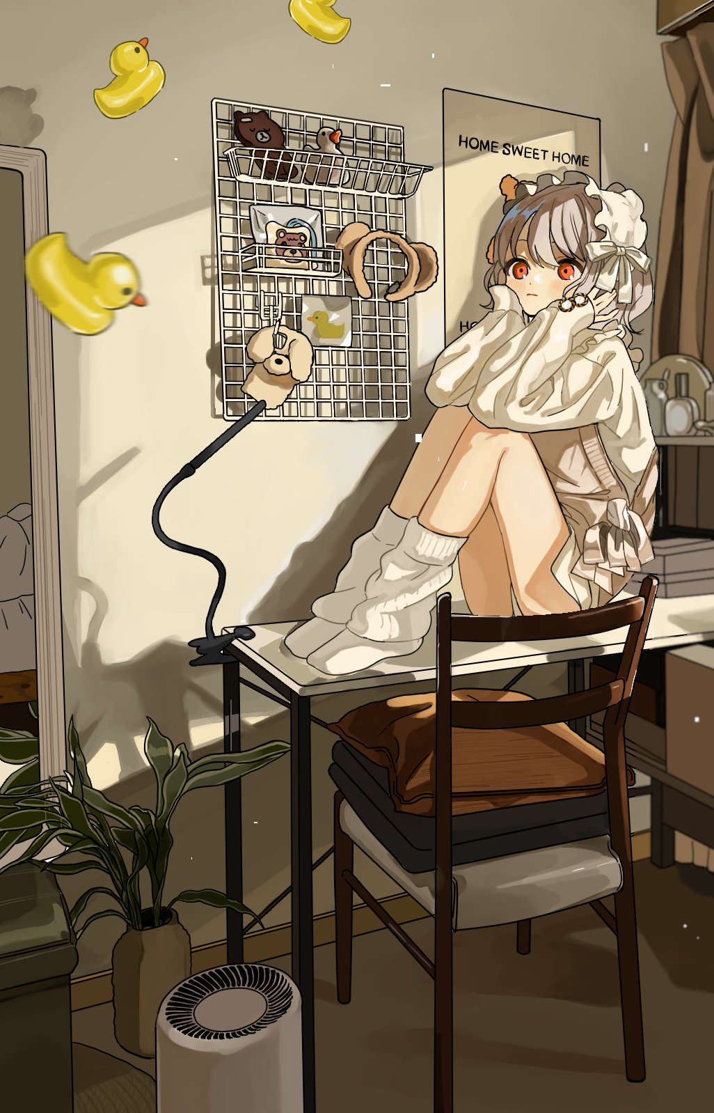1girl, bedroom, blouse, bonnet, chair, closed_mouth, commentary, desk