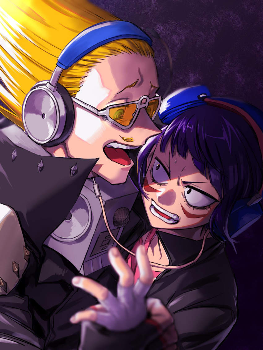 1boy, 1girl, amplifier, annoyed, audio_jack, black_hair, black_jacket, blonde_hair