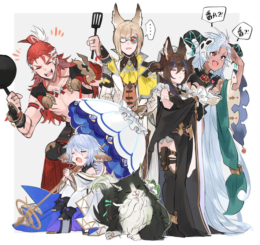..., 2boys, 3girls, ahoge, animal_ears, ascot, bangs, black_dress