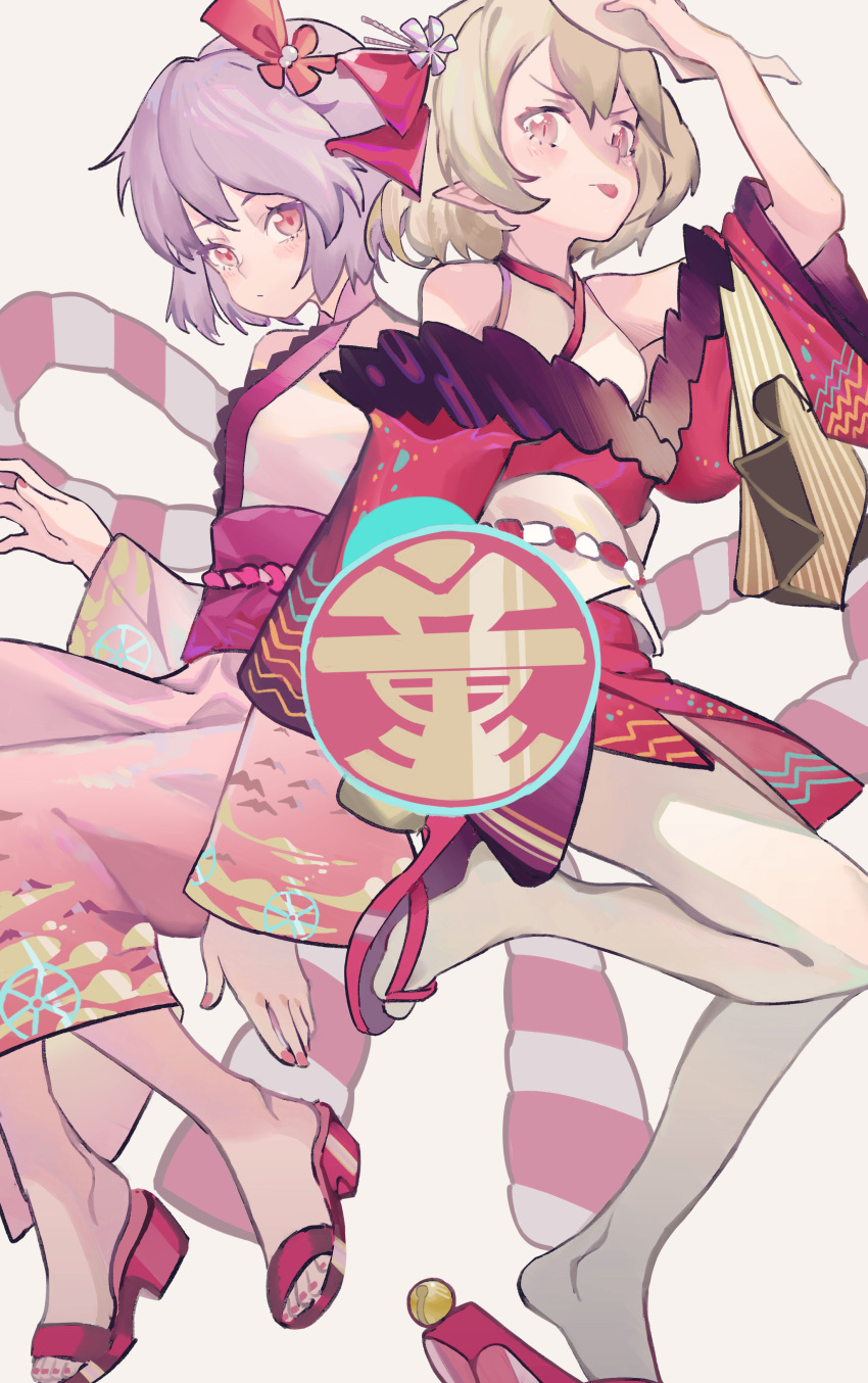 2girls, absurdres, brown_eyes, chinese_commentary, closed_mouth, commentary_request, flandre_scarlet, grey_background, hair_ribbon, hand_up, highres, japanese_clothes, kimono, light_brown_hair, long_sleeves, multiple_girls, noco_(pixiv14976070), obi, off_shoulder, pantyhose, partial_commentary, pink_eyes, pink_footwear, pink_kimono, pink_nails, pink_ribbon, pointy_ears, purple_hair, purple_kimono, remilia_scarlet, ribbon, rope, sandals, sash, shimenawa, short_hair, siblings, simple_background, sisters, tongue, tongue_out, touhou, v-shaped_eyebrows, white_legwear