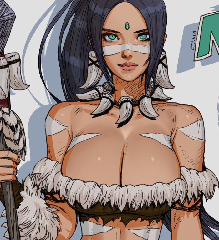 1girl, bare_shoulders, black_hair, bodypaint, breasts, closed_mouth, collarbone, dark-skinned_female