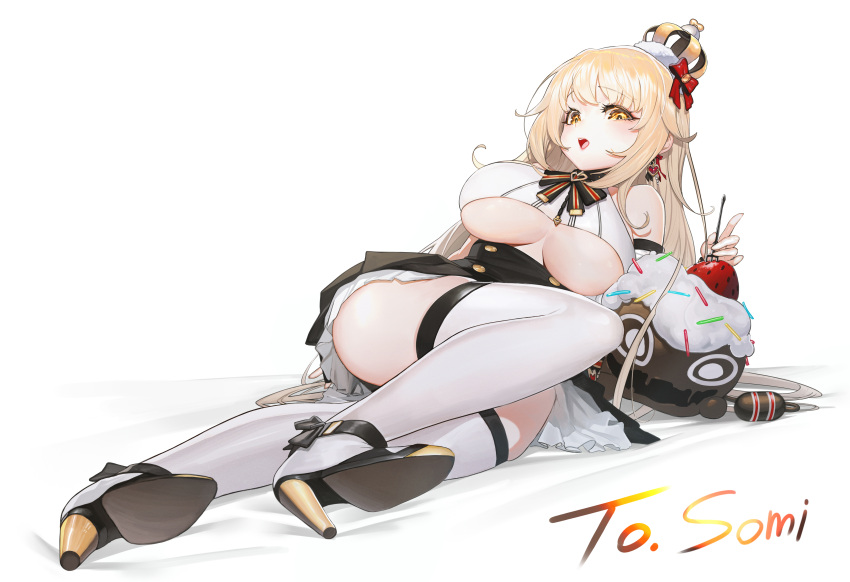1girl, :d, absurdres, artist_name, bare_shoulders, black_skirt, blonde_hair, boots