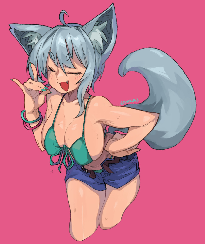 1girl, ahoge, animal_ear_fluff, animal_ears, bare_shoulders, belt, bikini, blush