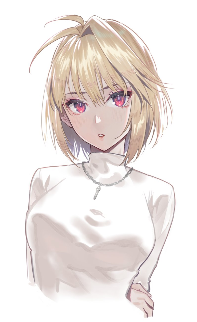 1girl, antenna_hair, arcueid_brunestud, arms_behind_back, asymmetrical_hair, bangs, blonde_hair, breasts